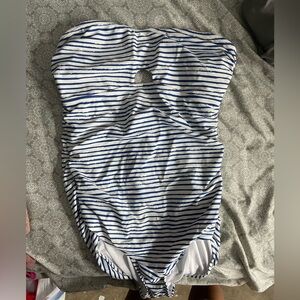 Strapless one piece blue bathing suit